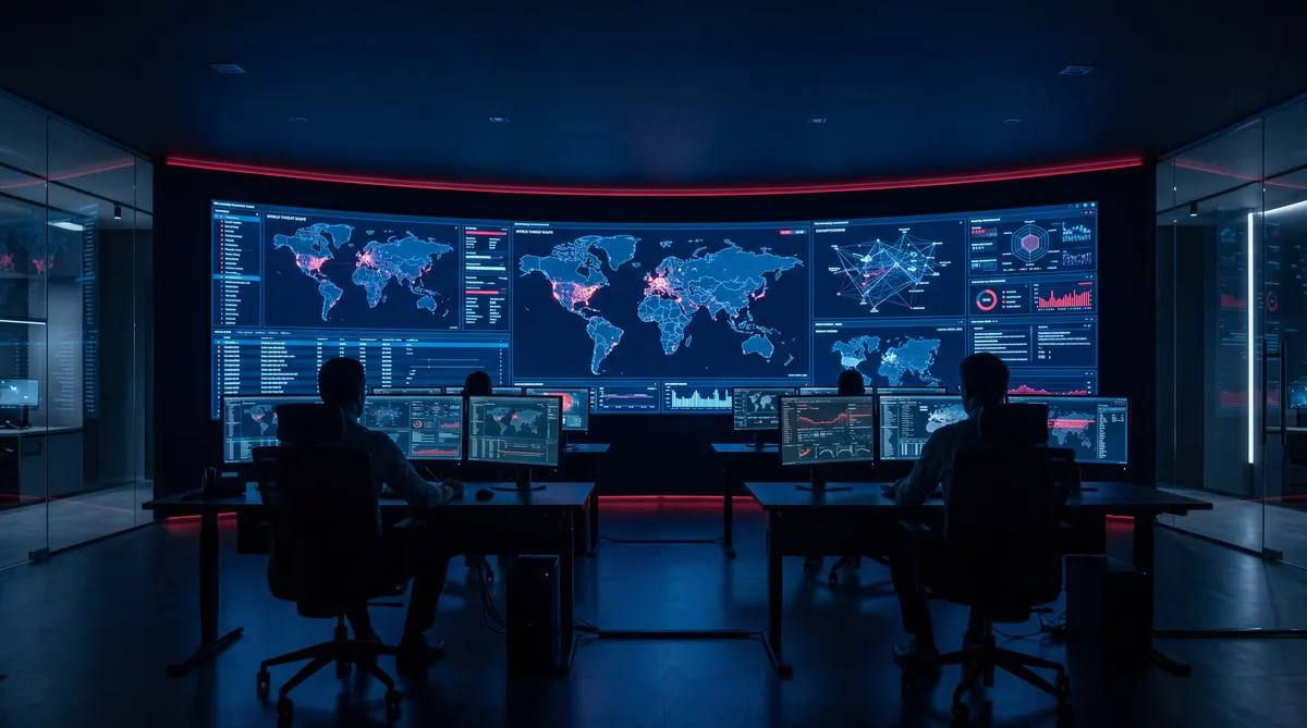 Security Operations Center mit Monitorwand und Bedrohungskarten